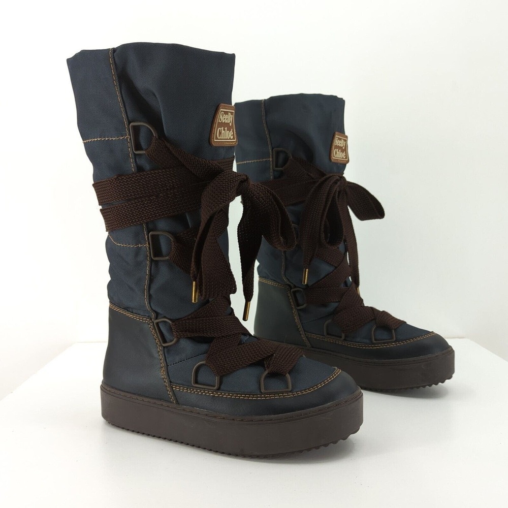 See By Chloe Navy and Brown Lace Up Boots